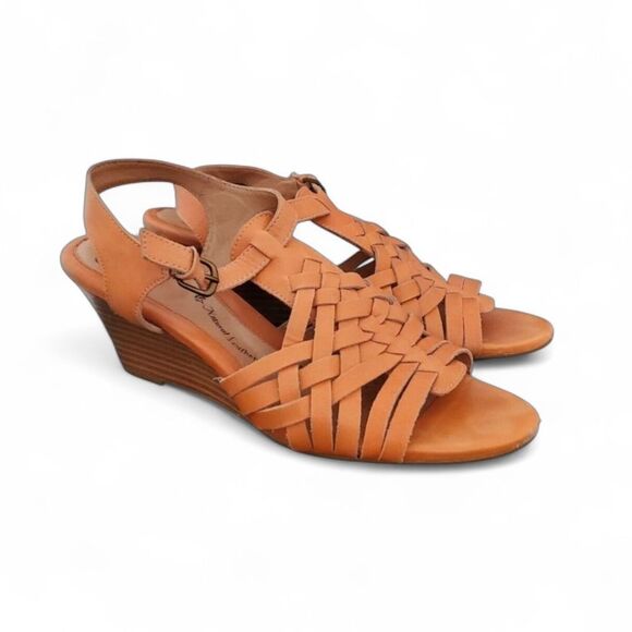 Sofft Cognac‎ Woven Leather Slingback Wedge Sandals Size 6.5M - Picture 1 of 10